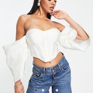 ASOS White Off-Shoulder Corset Top with Dramatic Puff Sleeves